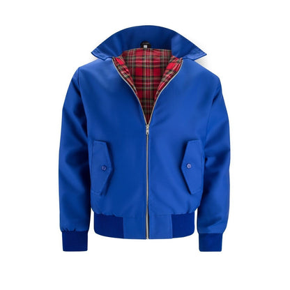 Royal blue Harrington jacket with tartan lining, front view