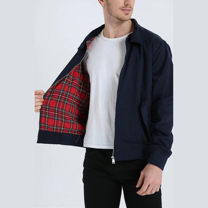 Dark jacket held open to show the checked lining