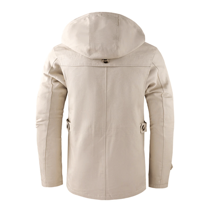 Harrison men's button-front hooded parka back view with the hood