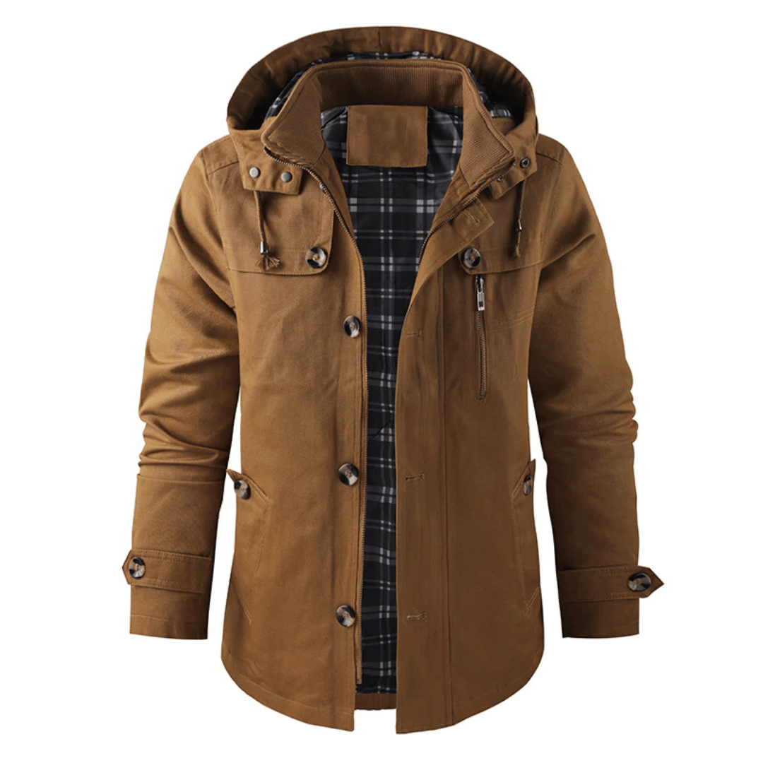 Harrison men's button-front hooded parka in Brown 1