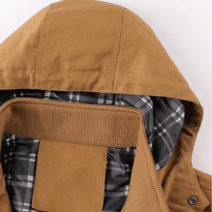Harrison men's button-front hooded parka hood, collar and plaid lining close-up