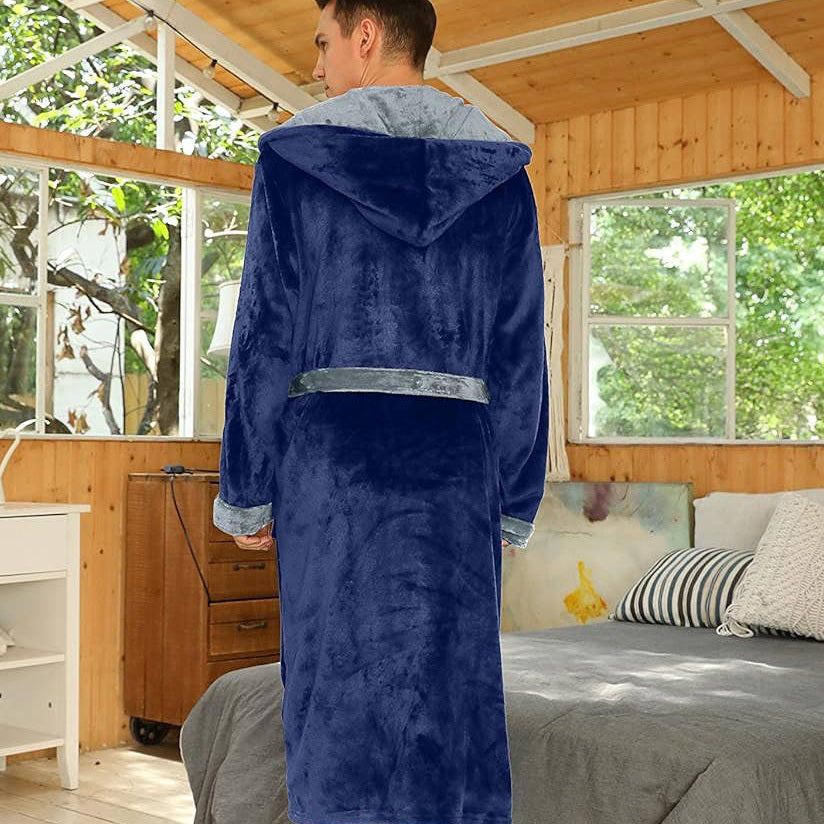 Hartwell hooded fleece bathrobe in navy, back view with the hood