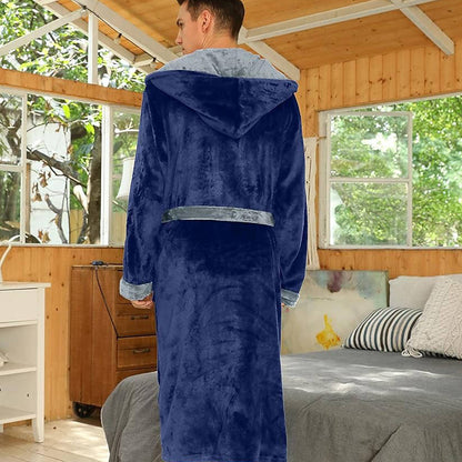 Hartwell hooded fleece bathrobe in navy, back view with the hood