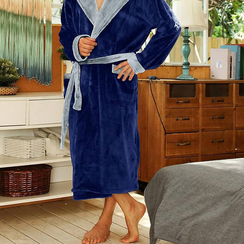 Hartwell hooded fleece bathrobe in navy and light grey, lounge view
