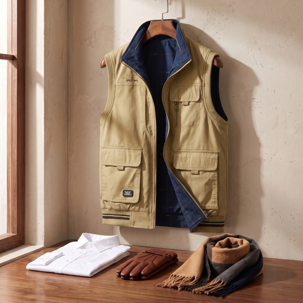 Harlan utility vest in Khaki/blue 5