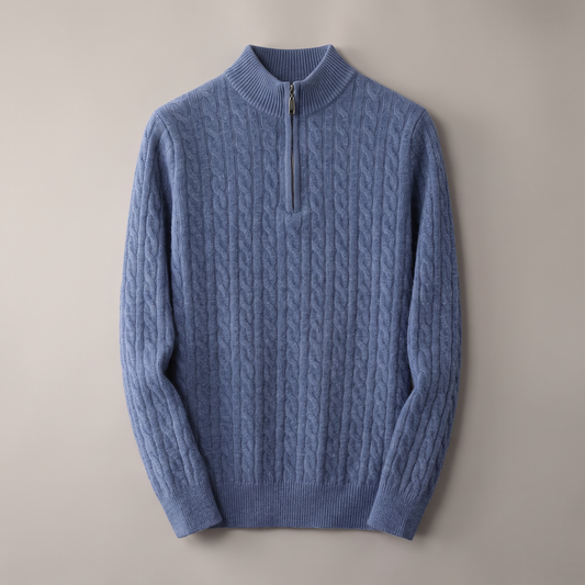 Men's cable knit half-zip mock neck sweater hero