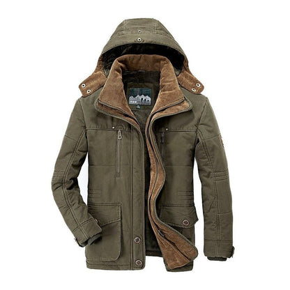 Army green hooded parka with a pile lining, front view