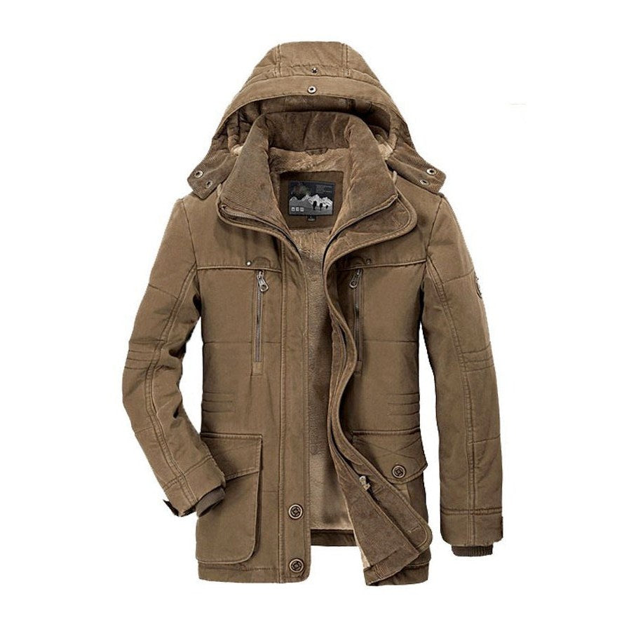 Coffee brown hooded parka with a pile lining, front view