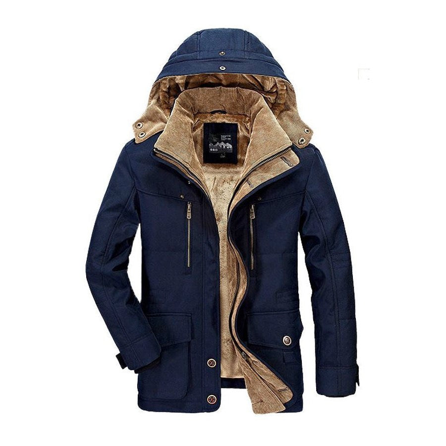 Dark blue hooded parka with a pile lining, front view
