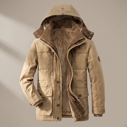 Khaki hooded parka with a pile lining, front view