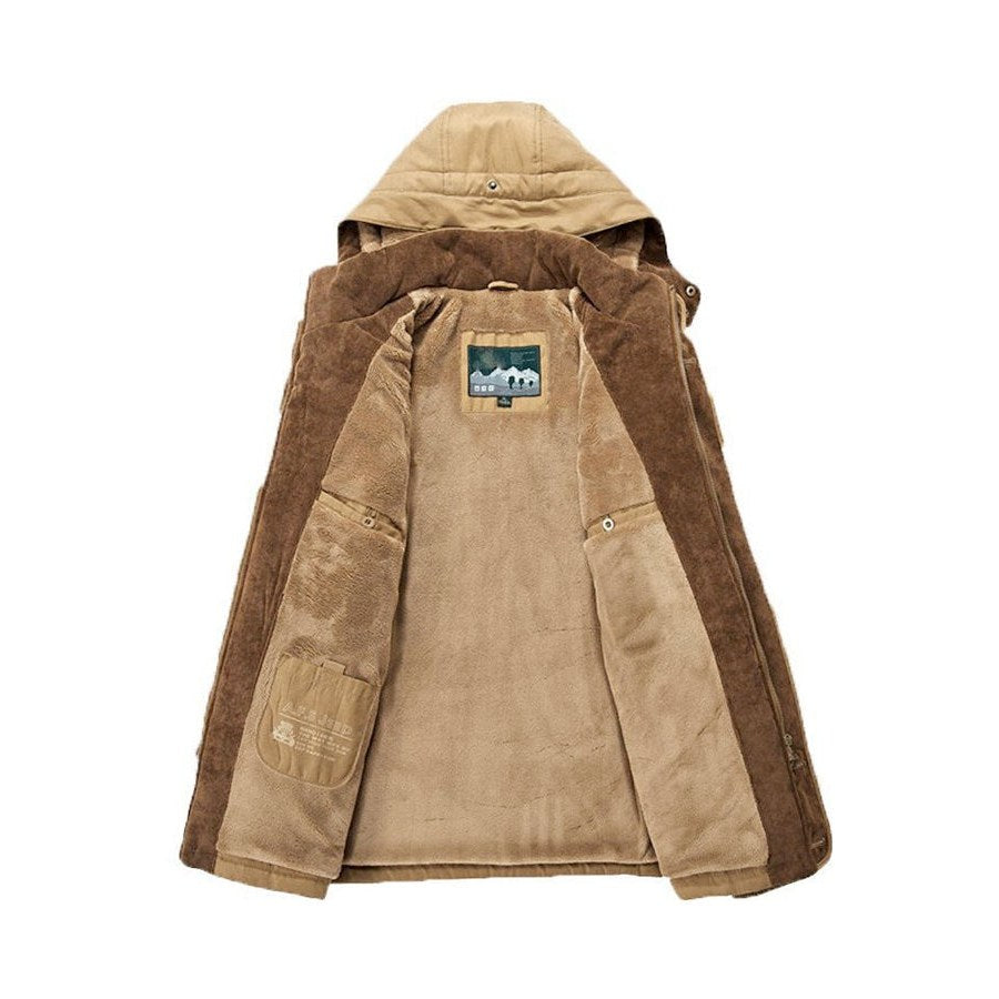 Khaki parka opened flat to show the pile lining and the inner label