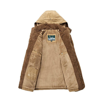 Khaki parka opened flat to show the pile lining and the inner label