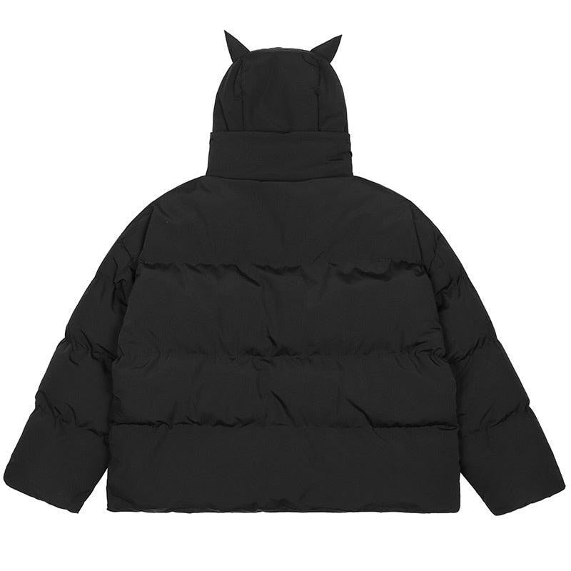 Black puffer jacket laid flat from the back with the horned hood
