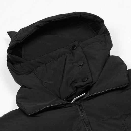 Close view of the hood, collar and zip at the neck