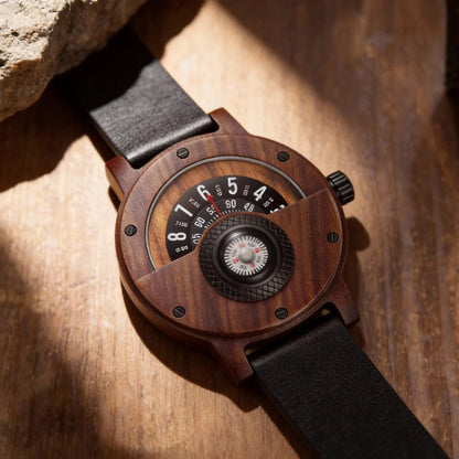 Langley wooden compass watch at an angle on a wood surface, Brown