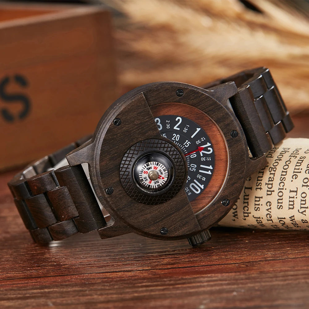 Langley wooden compass watch in Dark Brown 1