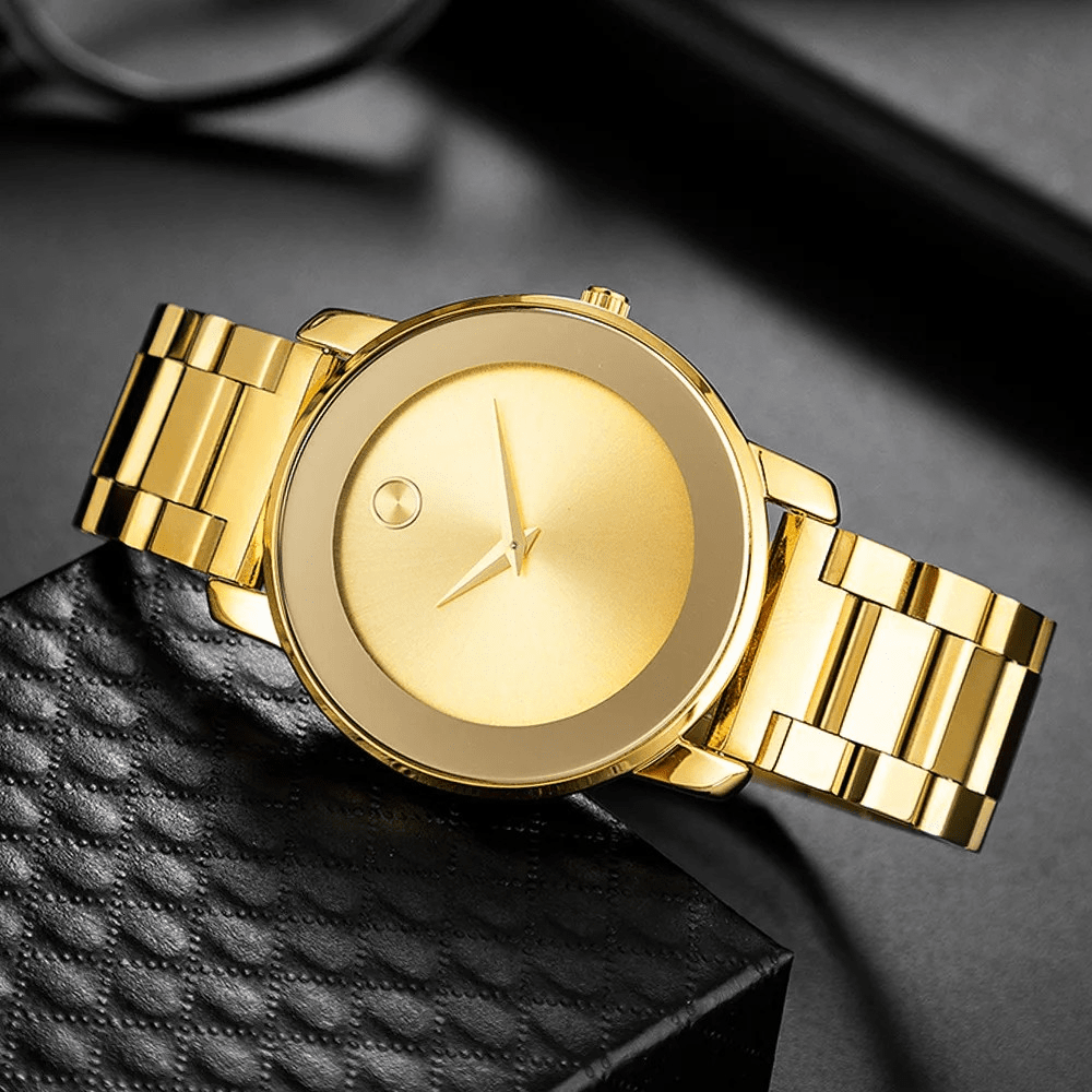 Gold Larkin watch at an angle showing the bracelet links