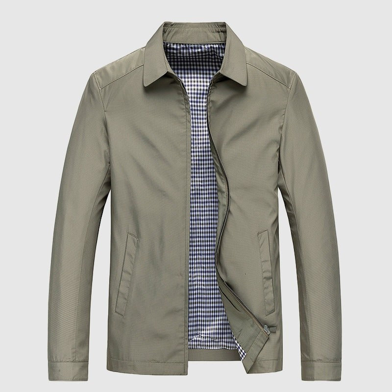Beige zip jacket with a turned-down collar and checked lining, front view
