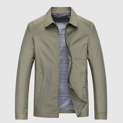 Beige zip jacket with a turned-down collar and checked lining, front view