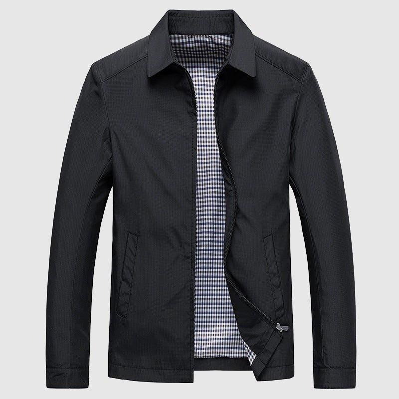 Black zip jacket with a turned-down collar and checked lining, front view