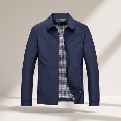 Men's navy blue zip jacket with a turned-down collar and checked lining, front view
