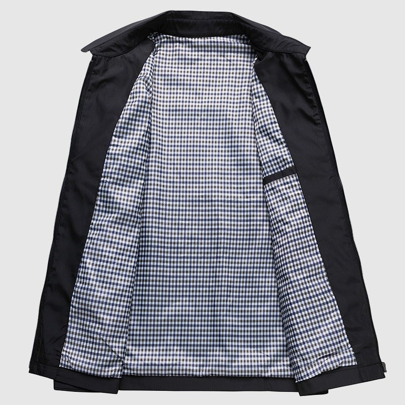 Black jacket opened flat to show the full checked lining