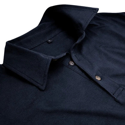 Close view of the flat collar and two-button placket