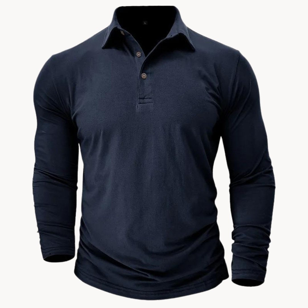 Long sleeve polo with a flat collar and two-button placket on a plain background