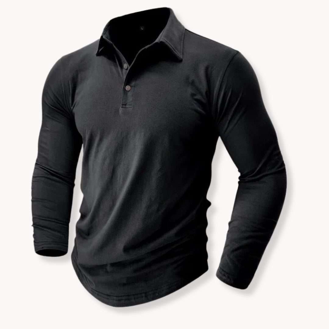 Black long sleeve polo shirt for men with a two-button placket