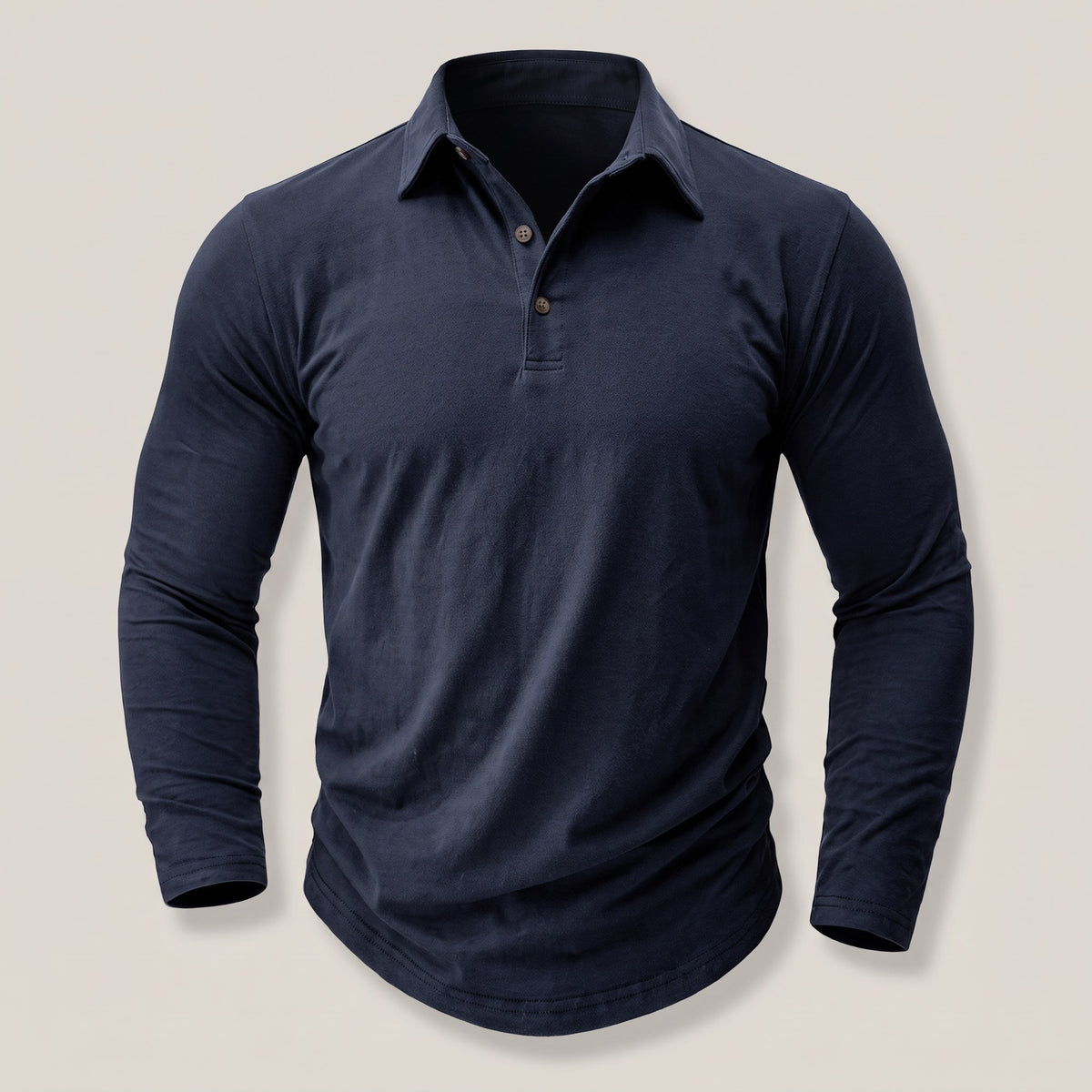 Navy blue long sleeve polo shirt for men with a two-button placket