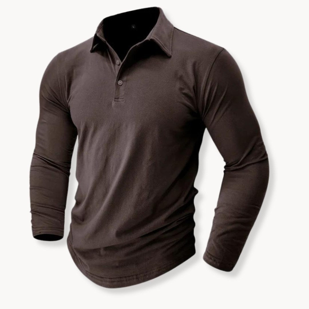 Brown long sleeve polo shirt for men with a two-button placket