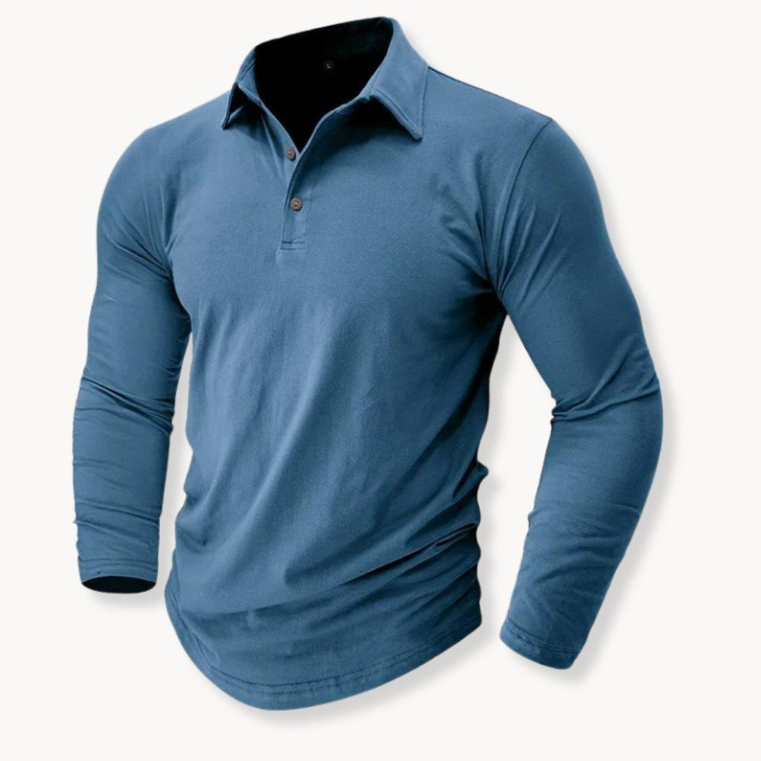 Denim blue long sleeve polo shirt for men with a two-button placket