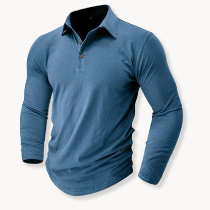 Denim blue long sleeve polo shirt for men with a two-button placket