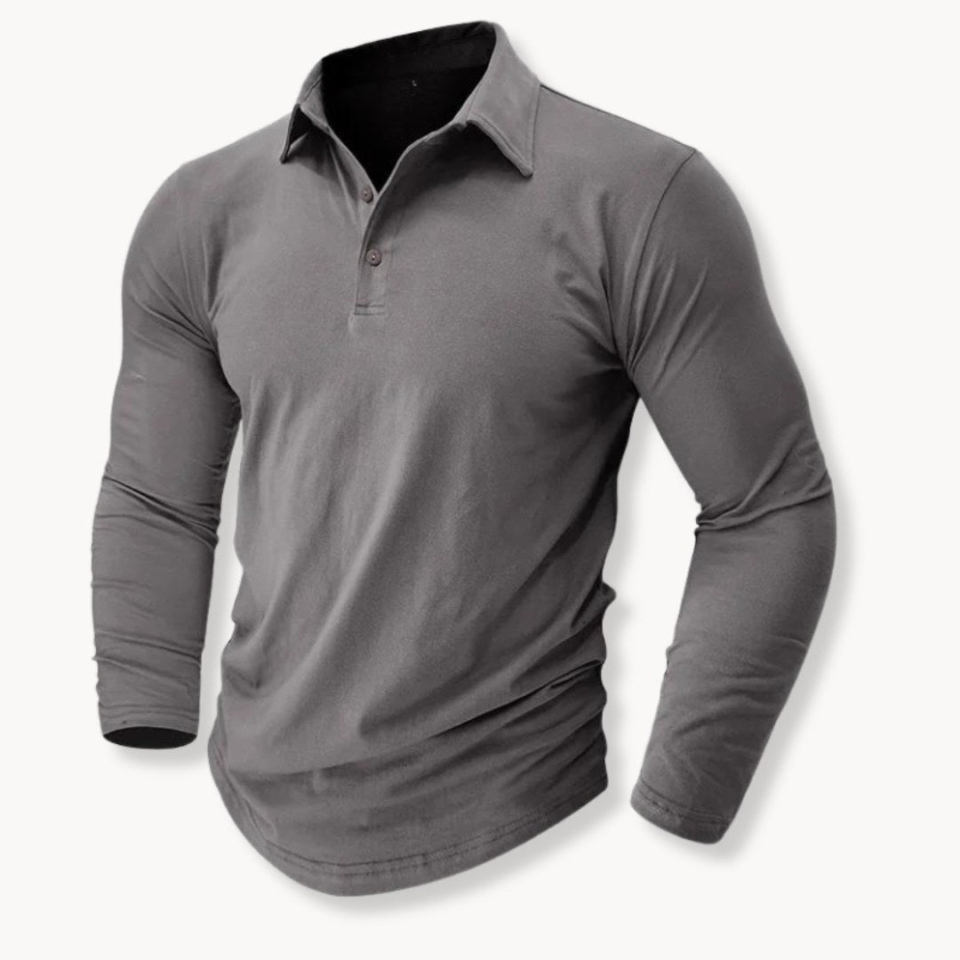 Gray long sleeve polo shirt for men with a two-button placket