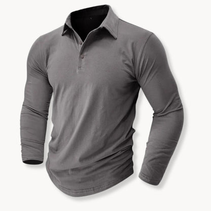 Gray long sleeve polo shirt for men with a two-button placket