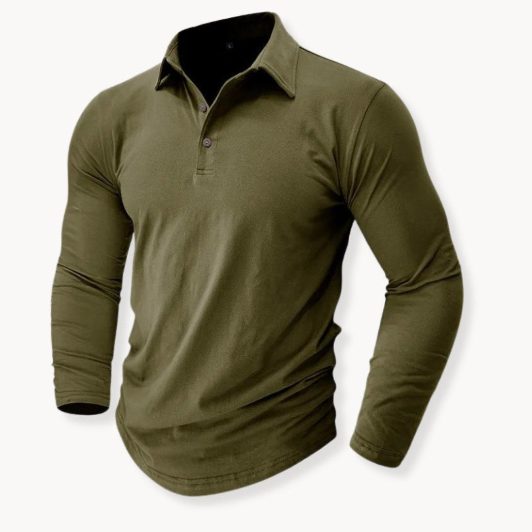 Olive green long sleeve polo shirt for men with a two-button placket