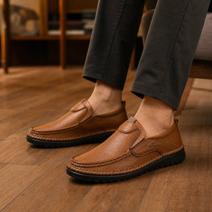 LuxeMove Soft Shoes worn with relaxed trousers on wood floor