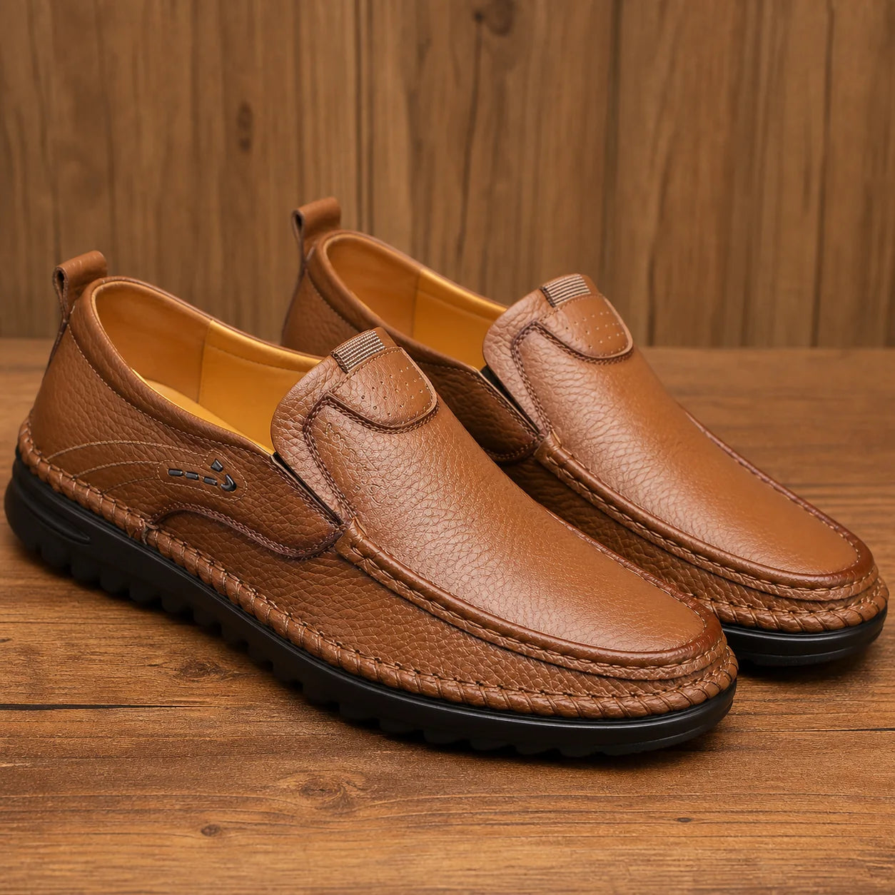 LuxeMove Soft Shoes in mahogany brown on warm wood background