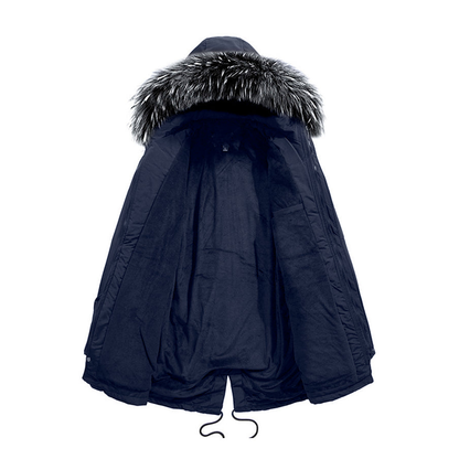 Marcus men's fur-style hood parka opened to show the lining and hood