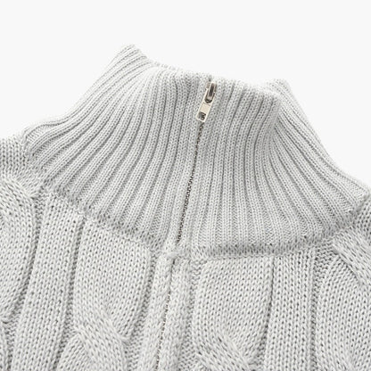 Close view of the ribbed funnel collar and zip