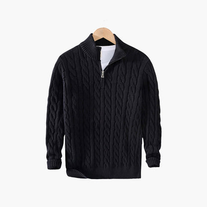 Men's cable-knit half-zip sweater front view in Black 0