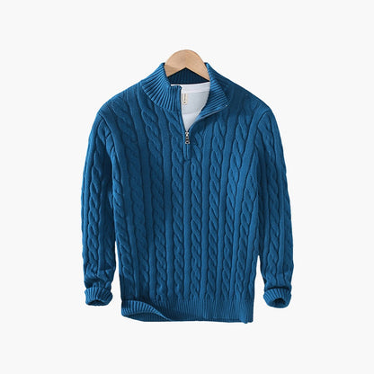 Men's cable-knit half-zip sweater front view in Light Blue 0