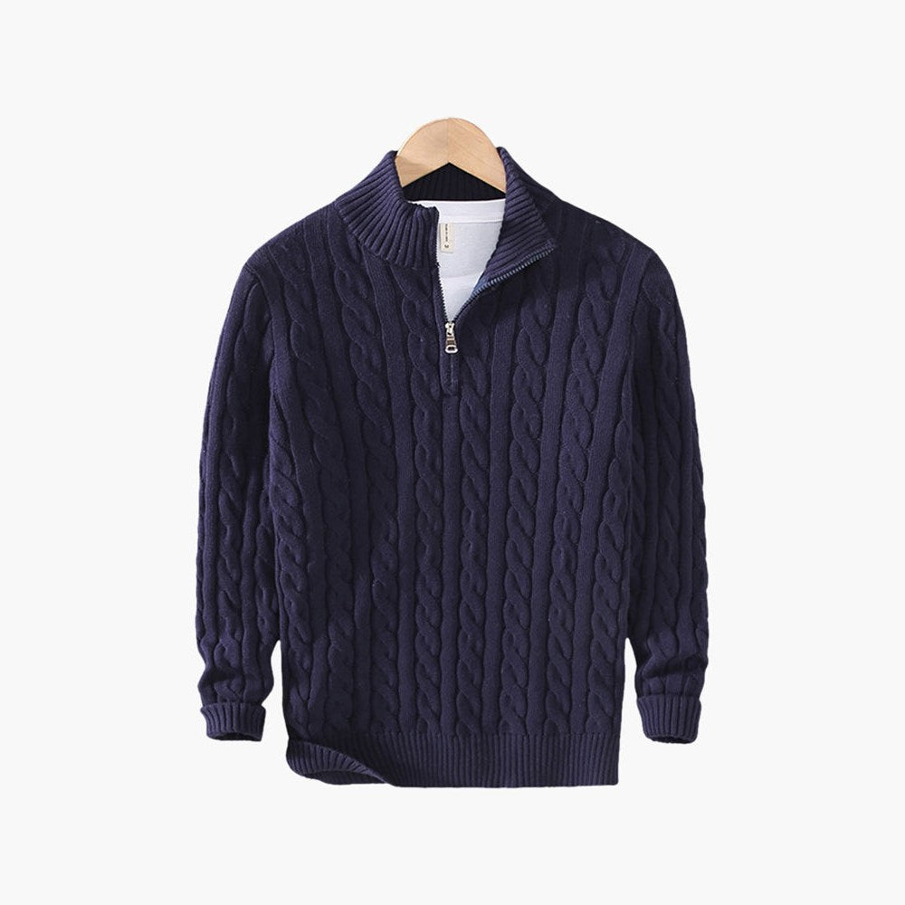 Men's cable-knit half-zip sweater front view in Marine 0