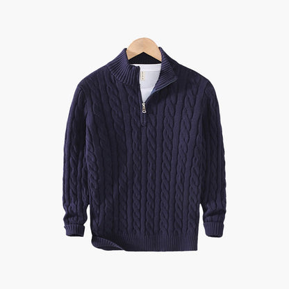 Men's cable-knit half-zip sweater front view in Marine 0