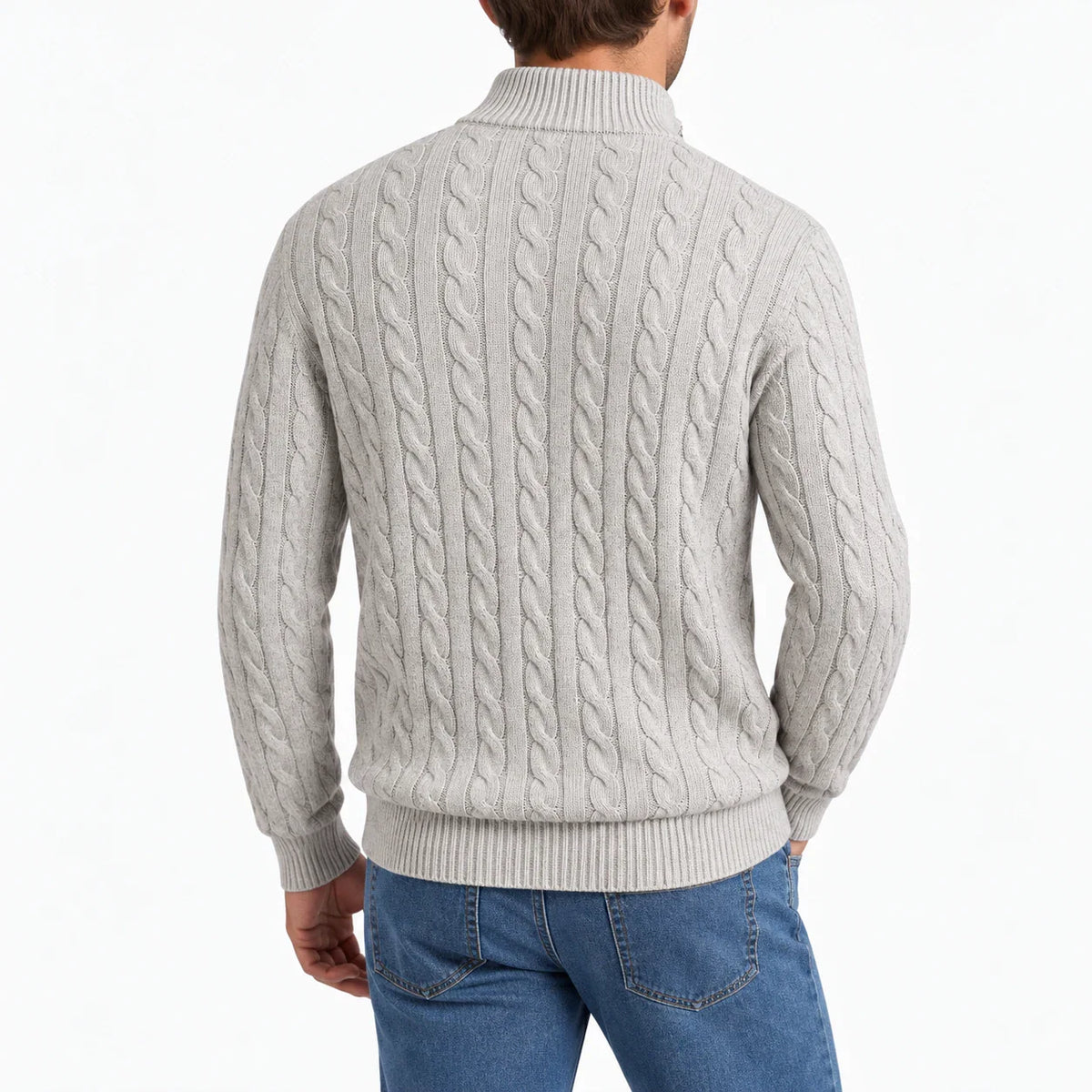 Back view of men's cable-knit half-zip sweater in gray