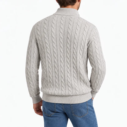 Back view of men's cable-knit half-zip sweater in gray