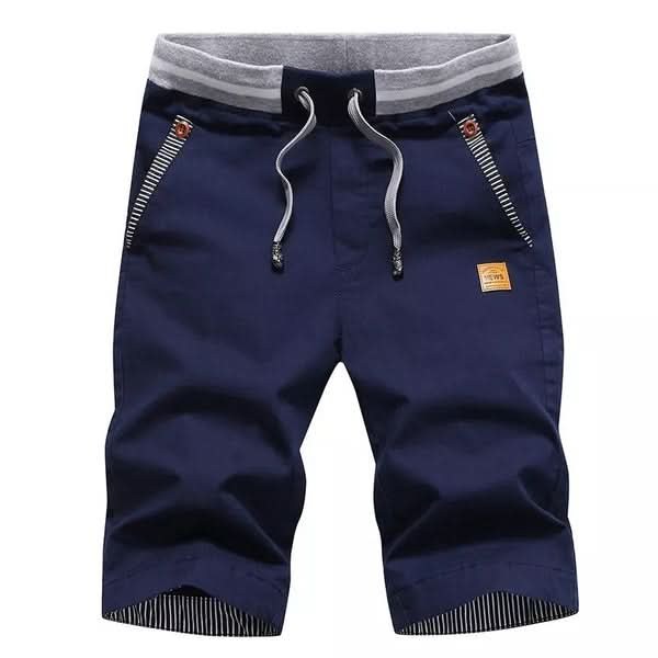 Front flat view of the navy chino-style cotton shorts
