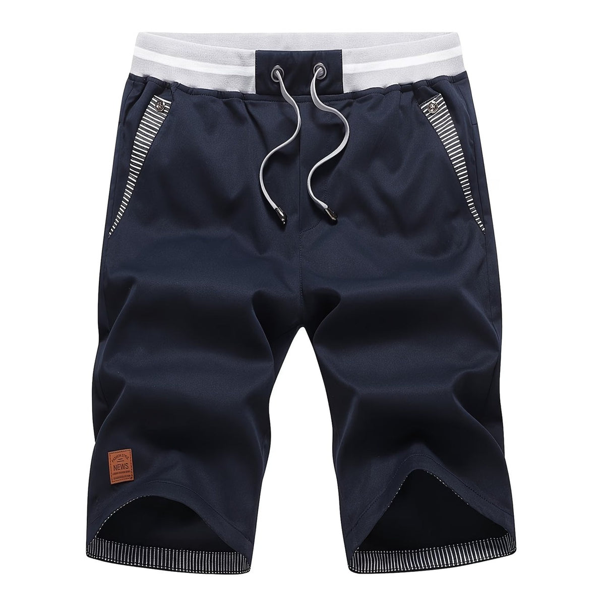 Second flat view of the navy chino-style cotton shorts with striped pocket trim