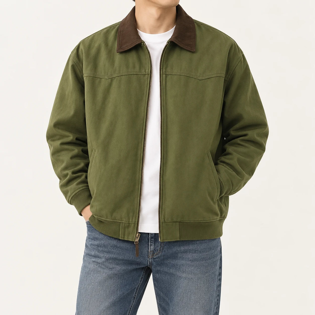 Men's corduroy-collar field jacket in Army Green, complete front on-body view