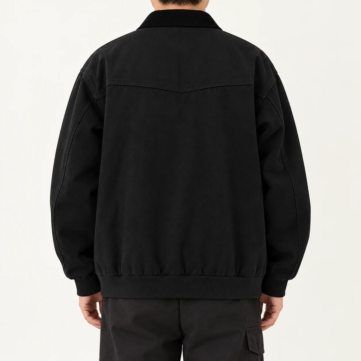 Men's corduroy-collar field jacket in Black, complete back on-body view
